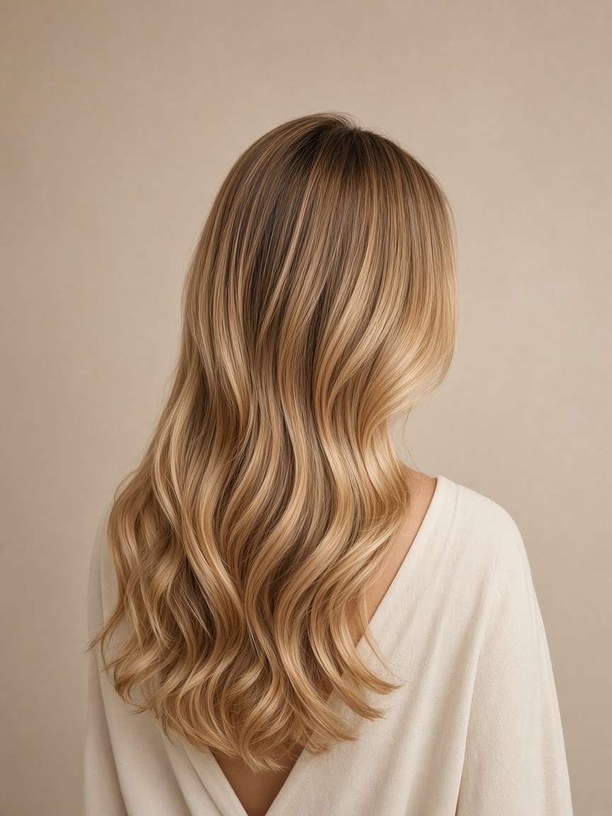 Lang honingblond haar met zachte balayage en losse golven, van achteren gezien
