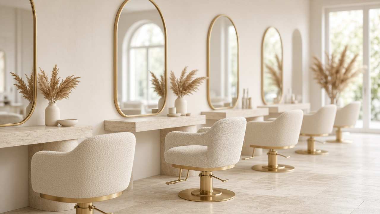 Het lichte salon met ronde spiegels in gouden lijsten en crèmekleurige stoelen