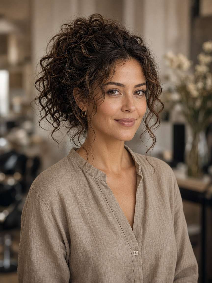 Portret van Amira met opgestoken krullen, in een taupe linnen bloes