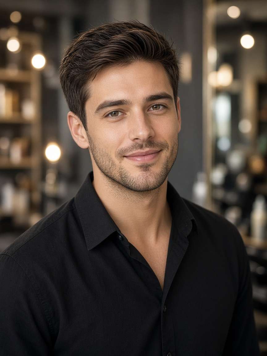 Portret van Jonas, in een zwart hemd, met het salon wazig op de achtergrond