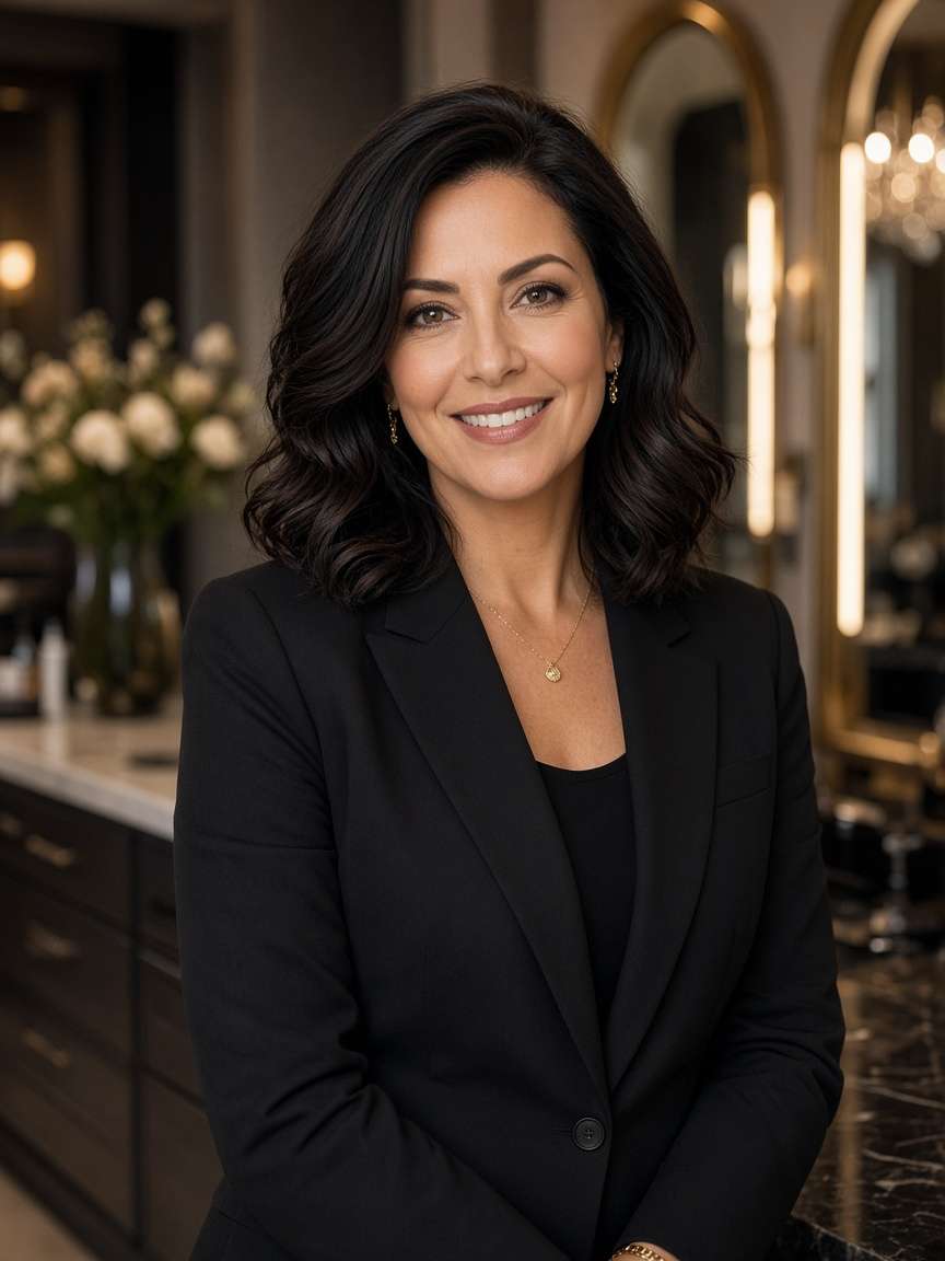 Portret van Lina, glimlachend, in een zwart blazer in het salon